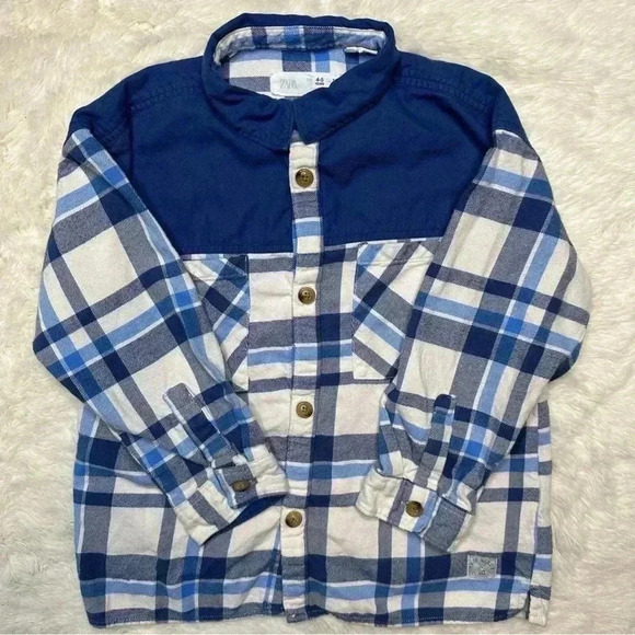 Zara Shirt Flannel Button-up Blue  & White Size 4-5 Years - Picture 1 of 16